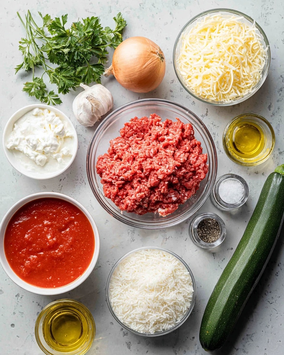 The image shows a flat lay of cooking ingredients on a white marbled surface. There is a large whole green zucchini on the right side. Around it, in clear and white bowls, are shredded white cheese, shredded yellow cheese, white rice, and raw ground meat in pinkish-red color. Also visible are a white bowl of red tomato sauce, a small clear bowl of olive oil, a container with white cream cheese, and a small glass bowl with mixed dry herbs. In the top left corner, a garlic bulb, a light brown onion, and a bunch of fresh green parsley are present along with clear glass salt and black pepper shakers laying on their sides. The colors are bright and fresh with the ingredients evenly spaced. Photo taken with an iphone --ar 4:5 --v 7