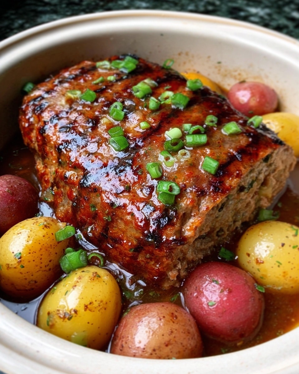 The image shows a white oval dish filled with a large grilled meat loaf that has clear dark grill marks across the top. The meat loaf is thick and slightly browned on the edges, with scattered chopped green onions on top. Around the meat loaf, there are small red and yellow potatoes partially covered in a light brown sauce that looks glossy and savory. The background is a white marbled surface. photo taken with an iphone --ar 4:5 --v 7