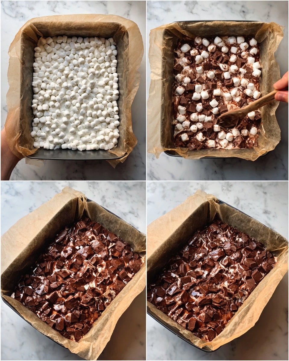 The image shows a step-by-step process of making a layered chocolate and marshmallow dessert in a baking pan lined with parchment paper. The first layer consists of a white layer of mini marshmallows spread evenly in the pan, creating a textured, soft appearance. The second layer adds chocolate chunks mixed with marshmallows scattered over the white base, showing a mix of light and dark brown colors and a lumpy texture. The third and fourth images show more chocolate chunks layered and evenly spread, covering most of the marshmallows, giving a rich, glossy dark brown look with some bits of white marshmallow peeking through. The final image shows the completed unbaked dessert, densely packed with chocolate chunks on top, arranged in a white parchment-lined pan against a white marbled surface. A woman's hand holds a wooden spoon working in the pans in some steps. Photo taken with an iphone --ar 4:5 --v 7
