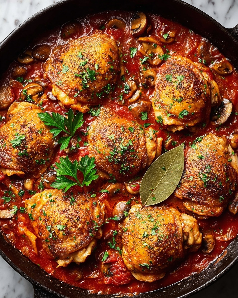 A black pan filled with seven golden brown cooked chicken thighs arranged in a circular pattern on top of a rich, thick red tomato sauce with visible pieces of mushrooms and onions mixed in. The chicken thighs have a crispy skin texture and are sprinkled with fresh green parsley leaves, some whole sprigs resting on top. A single large bay leaf is placed near the center of the dish, adding detail to the savory look. The pan sits on a white marbled surface. photo taken with an iphone --ar 4:5 --v 7