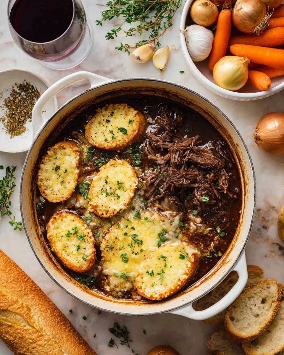 A white pot filled with a dark brown stew base, with shredded dark brown meat sitting in the right half, topped with melted light yellow cheese and small green herb pieces. On the left half, there are several round slices of toasted bread covered with melted light yellow cheese and sprinkled with black pepper and green herbs. The pot is placed on a white marbled surface surrounded by a glass of dark red wine, a loaf of sliced bread, a white bowl with cooked orange carrots, whole brown onions, garlic, and fresh green herbs. Photo taken with an iphone --ar 4:5 --v 7