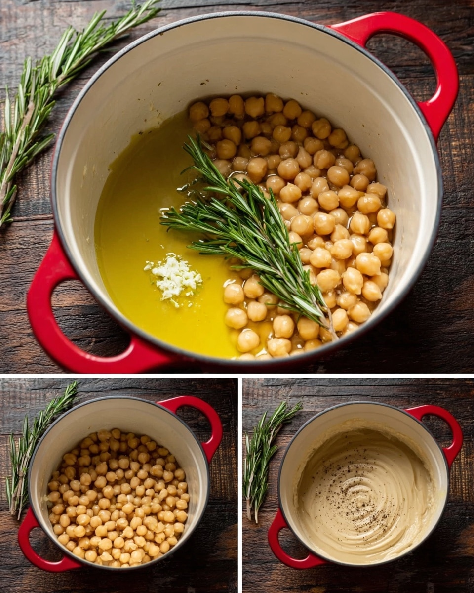 A white inner pot with a red outer color sits on a dark wooden surface with sprigs of rosemary nearby. In the first layer, inside the pot, there is a small pool of yellow oil with chopped white garlic and a fresh green rosemary sprig on top. The second layer shows the pot filled with light beige chickpeas soaking in a clear liquid with the same green rosemary sprig resting above them. The third layer captures a white immersion blender partially submerged among the chickpeas and liquid, blending the contents. The final layer presents a smooth, creamy light tan mixture with a swirl pattern and a sprinkling of black pepper on the surface, with rosemary sprigs placed on the wooden surface beside the pot. Photo taken with an iphone --ar 4:5 --v 7