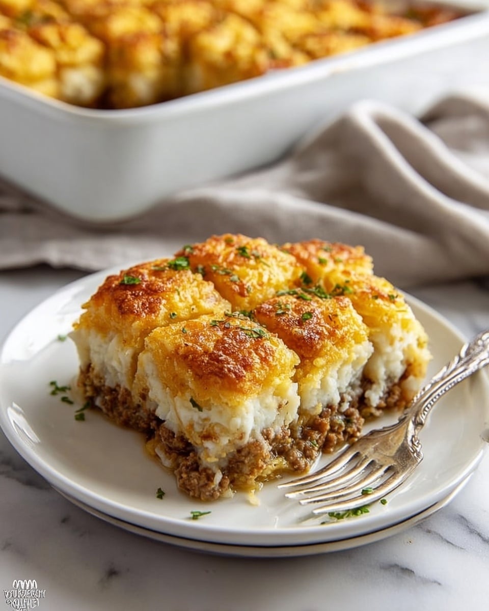 A white plate holds a square piece of layered casserole. The bottom layer is brown and crumbly, looking like cooked ground filling. Above that is a thick layer of soft mashed white topping, divided into small square sections, each topped with a golden brown crispy crust. Small green herbs are sprinkled over the top. A shiny fork sits on the edge of the plate. In the background, a white rectangular baking dish filled with more of the casserole rests on a white marbled surface, with a light gray cloth nearby. photo taken with an iphone --ar 4:5 --v 7