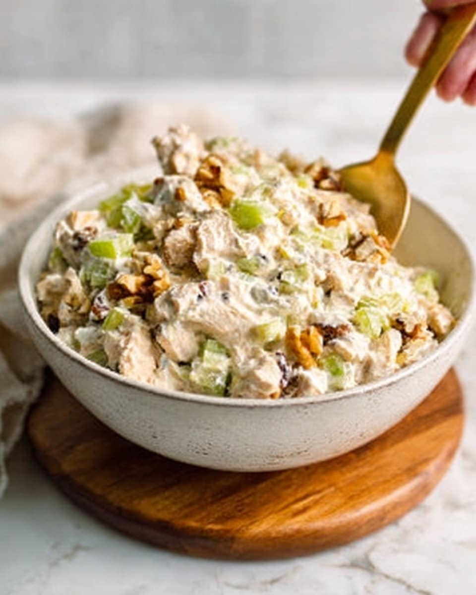 The image shows a white bowl filled with a creamy chicken salad. The salad has three main layers visible: chopped chicken pieces mixed in a thick white creamy dressing, small green celery bits scattered throughout, and small bits of light brown nuts or walnuts for texture. A woman's hand is holding a gold spoon that is inside the bowl. The bowl sits on a wooden board, all on a white marbled surface background. The lighting is bright and natural, making the colors and textures clear and fresh. Photo taken with an iphone --ar 4:5 --v 7