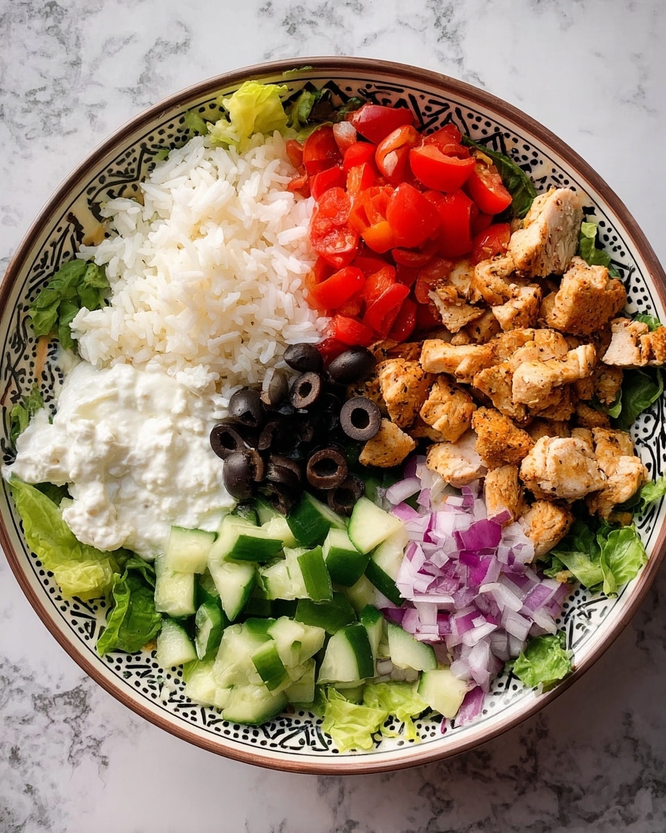 A bowl with seven different layers arranged in separate sections: white rice on the top left, bright red chopped cherry tomatoes next to it, creamy white sauce on the top right, black sliced olives below the sauce, golden brown cooked chicken pieces at the bottom right, purple chopped onions next to chicken, and green chopped cucumber on bottom left, all on a base of green lettuce leaves, served in a white bowl with decorative black and green patterns, placed on a white marbled surface photo taken with an iphone --ar 4:5 --v 7
