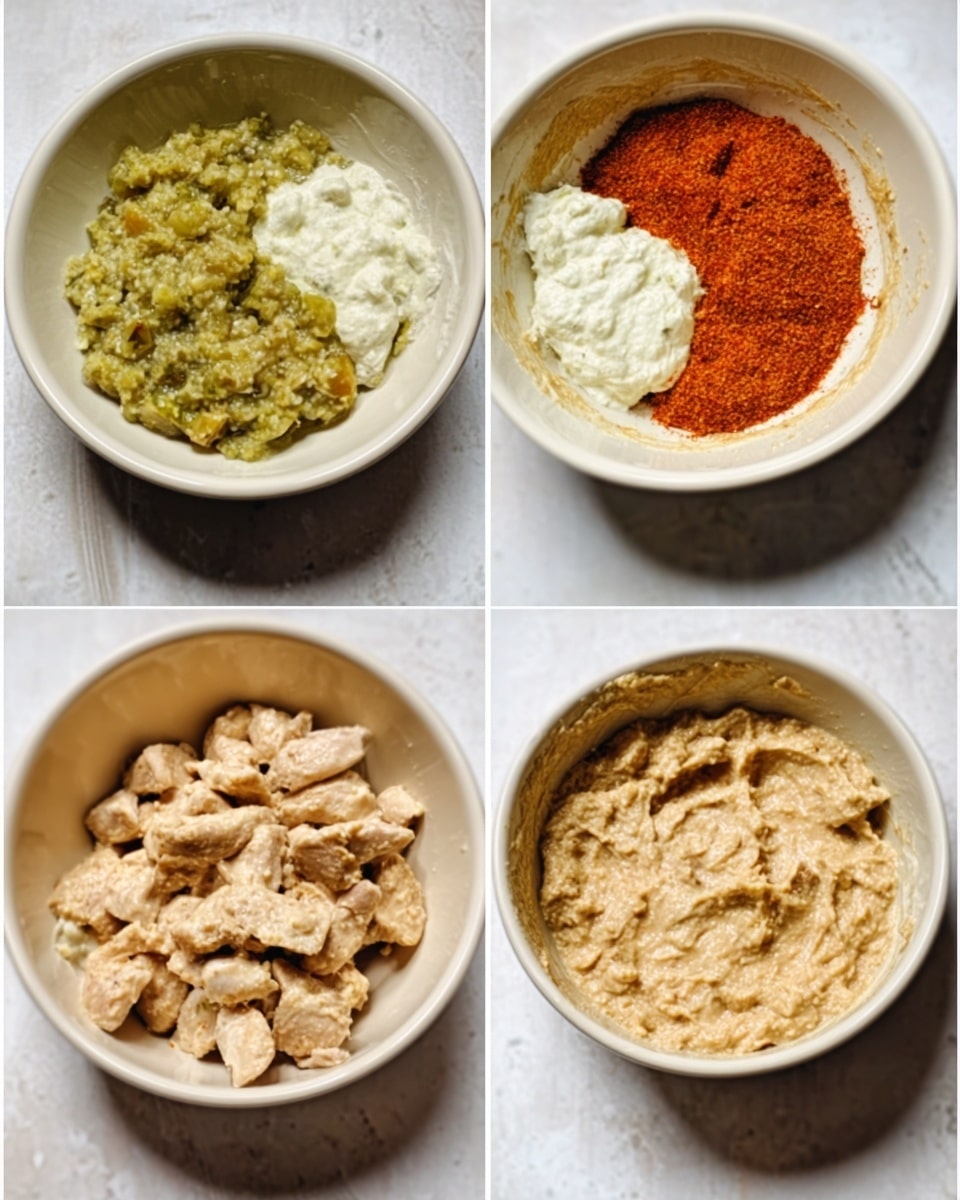The image shows four white bowls arranged in a two-by-two grid on a white marbled surface, each bowl containing a different stage of a dish. The top left bowl has three sections: a green chunky sauce on the left, a dollop of white creamy sauce in the middle, and a reddish powder on the right. The top right bowl has a smooth beige mixture filling the bowl evenly. The bottom left bowl holds small pieces of light brown cooked chicken spread in the bowl. The bottom right bowl shows the chicken pieces mixed into the beige mixture, creating a thicker textured blend. photo taken with an iphone --ar 4:5 --v 7