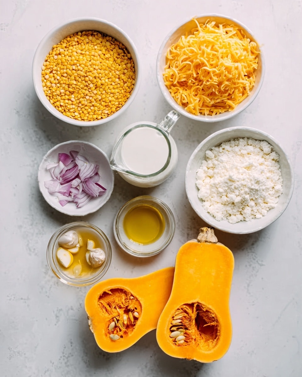 The image shows the ingredients for a meal arranged neatly on a white marbled surface. There is a white bowl filled with yellow lentils, an empty white bowl, and two white bowls with small amounts of minced garlic and finely chopped red onion. A glass jug with milk is placed next to a bowl full of grated orange cheese and a bowl of fine white powder, which looks like flour. Two halves of a butternut squash with seeds inside are also displayed, showing their bright orange color and smooth texture. A small bowl with golden oil is beside the ingredients. photo taken with an iphone --ar 4:5 --v 7