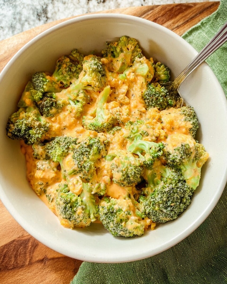 A white bowl filled with a mix of green broccoli florets covered in a creamy, light orange sauce with small bits of white cheese or egg throughout. The broccoli pieces and sauce layer evenly cover the bottom of the bowl, showing a soft and textured look. A silver spoon rests inside the bowl on the right side. The bowl sits on a wooden surface with a green cloth nearby and a white marbled background. Photo taken with an iphone --ar 4:5 --v 7