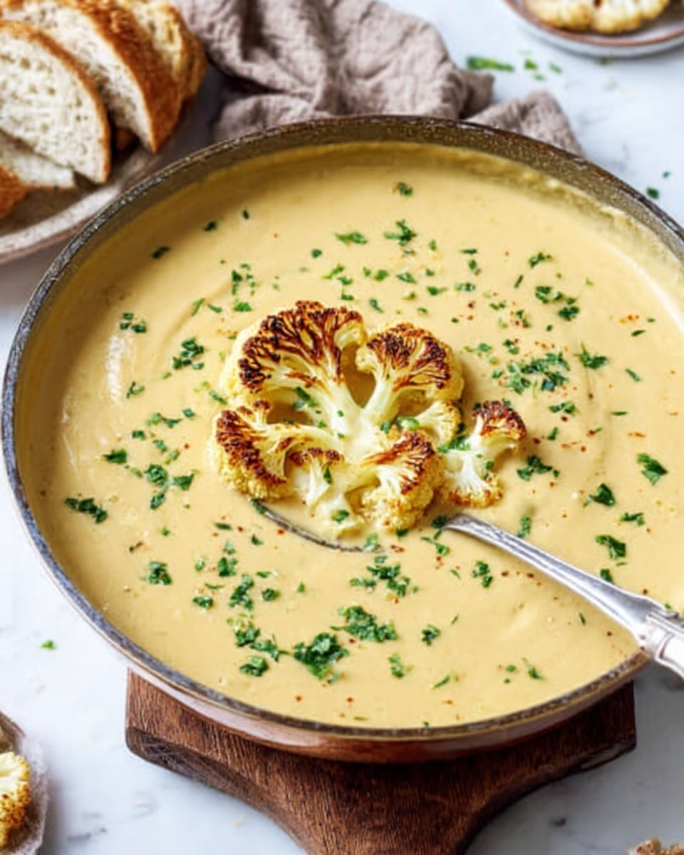A round pan filled with creamy light yellow soup sits on a white marbled surface. Two roasted cauliflower pieces with browned edges float in the center of the smooth soup, sprinkled with small green herb bits. A metal spoon rests inside the pan, with its handle pointing toward the front right. In the background, blurred light-colored crackers and a brown cloth are visible. Photo taken with an iphone --ar 4:5 --v 7