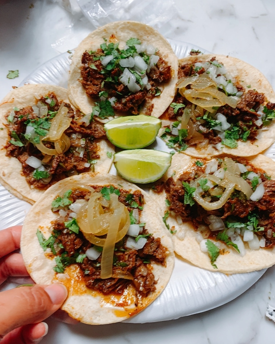 The image shows five soft tacos on a white plate, placed on a white marbled surface. Each taco is made with a soft, off-white tortilla as the base, topped with a generous layer of seasoned, cooked meat that has a brown, slightly crispy texture. On top of the meat, there are small pieces of white onion and finely chopped green cilantro spread evenly. Each taco is finished with a slice of caramelized onion, light golden and translucent, sitting in the center. There are also lime wedges on the plate for garnish. A woman's hand is reaching towards the tacos. Photo taken with an iphone --ar 4:5 --v 7