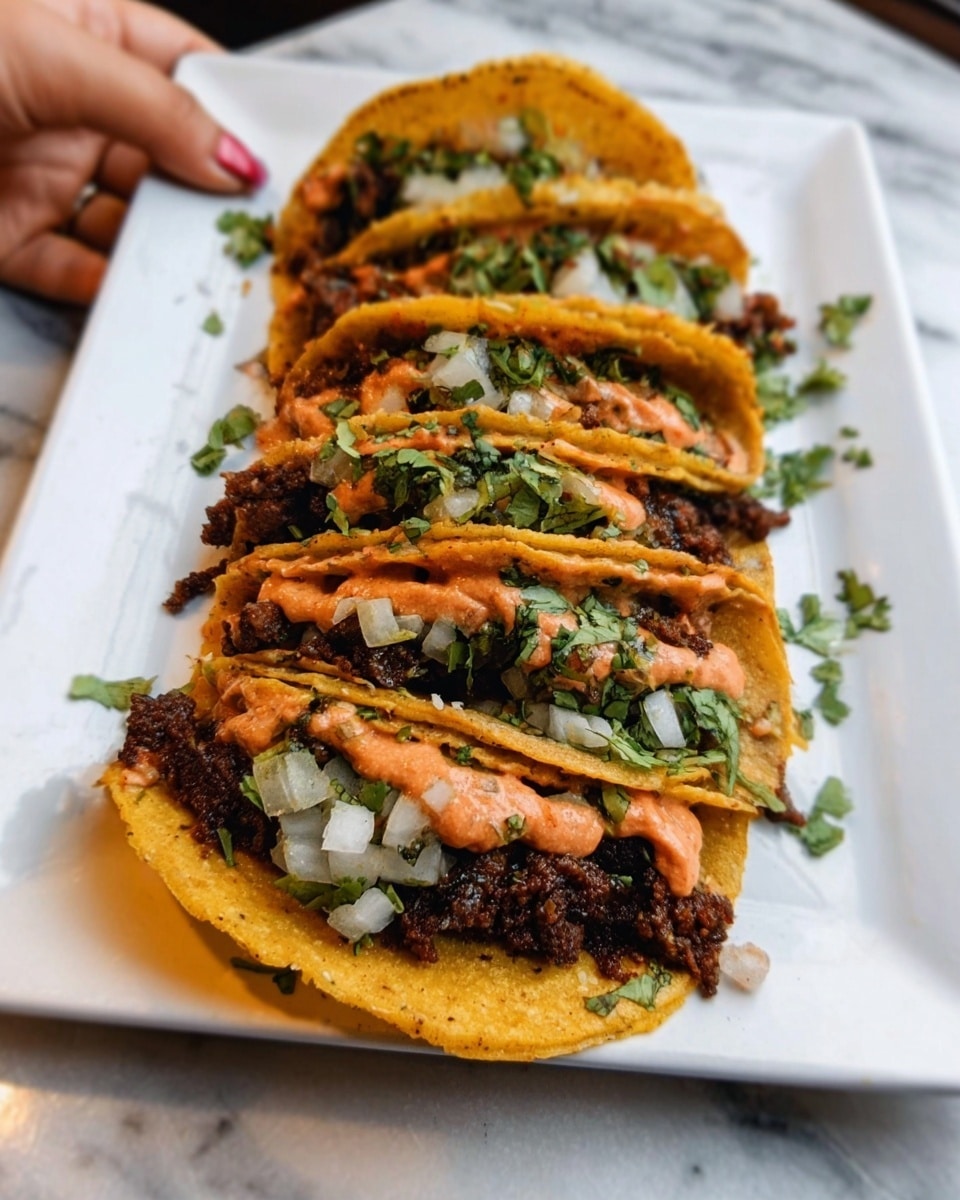 The image shows a white square plate with six tacos arranged in a row, each taco filled with a dark brown cooked meat layer at the bottom, topped with chopped white onions and fresh green cilantro. Over the meat and onion layer, there is a smooth, pinkish-orange sauce spread evenly inside the taco shells, which are yellow and slightly crispy. The tacos are placed on a white marbled surface. A woman's hand is partially visible holding one of the tacos on the left edge of the plate. The photo taken with an iphone --ar 4:5 --v 7