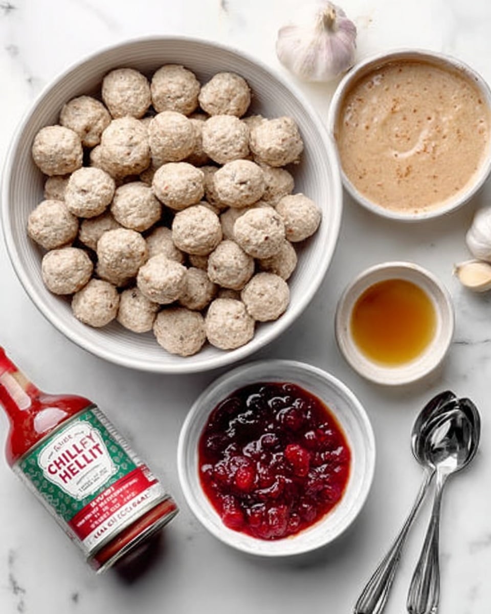 The image shows a large white bowl filled with many beige, round meatballs, each having a slightly rough texture. Next to it, there is a white bowl with a smooth, thick beige sauce inside. Below the bowls, there is a small open can of bright red and green labeled jellied cranberry sauce, and nearby is a clear glass bottle with a red chili sauce. A few cloves of garlic and a small dish with a golden-brown liquid are placed around the bowls. Two shiny silver spoons rest on the right side on a white marbled surface. Photo taken with an iphone --ar 4:5 --v 7