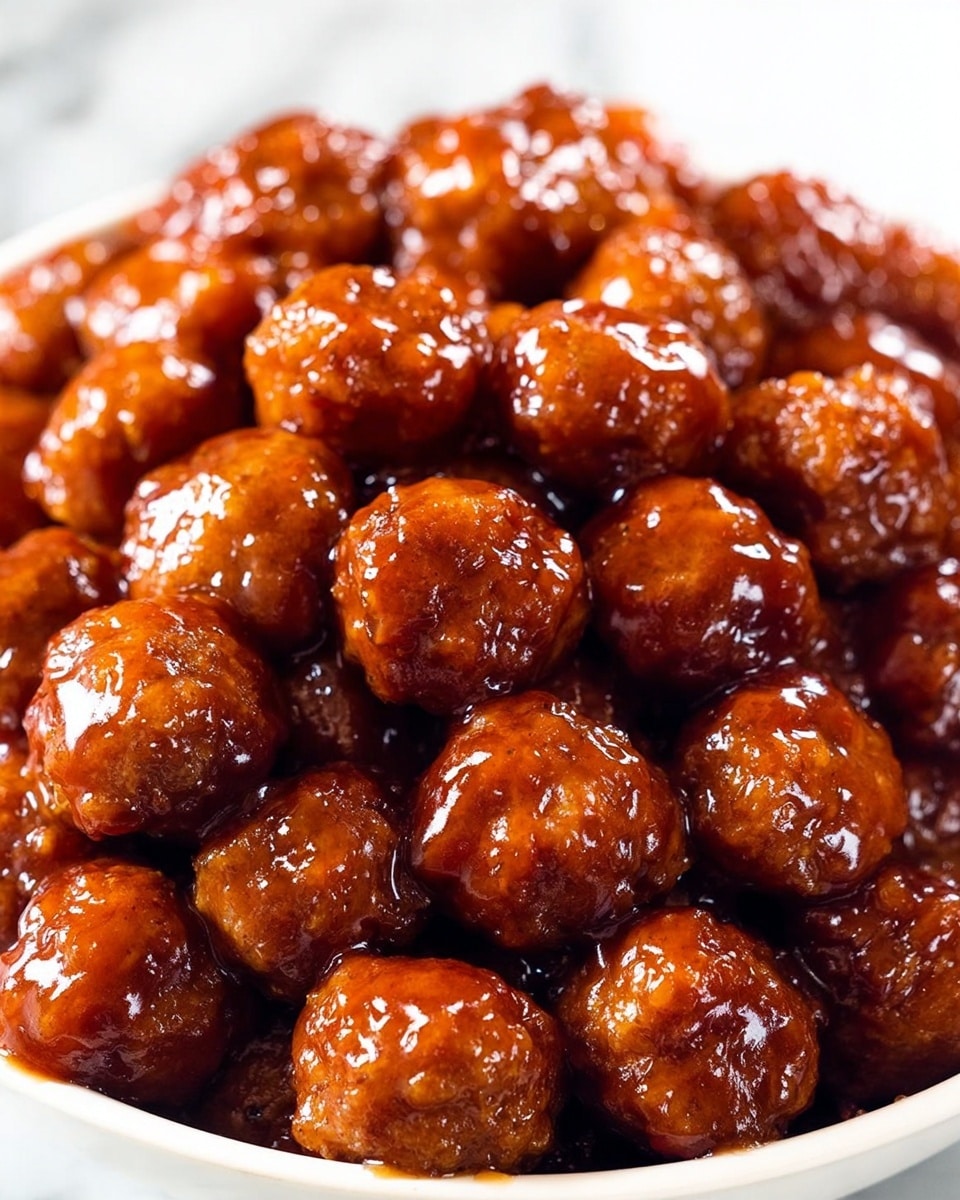 A close-up view of many small round meatballs coated in a thick shiny brown sauce, filling a white bowl. The meatballs are tightly packed, each one showing a slightly textured surface under the glossy sauce that reflects light well. The background and surface are a smooth white marble texture, keeping the focus on the rich sauce-covered meatballs. photo taken with an iphone --ar 4:5 --v 7
