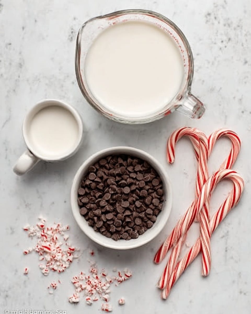 The image shows a white marbled surface with four items placed on it. At the top, there is a glass measuring cup filled with white cream. Below it, to the left, is a small white bowl full of dark brown chocolate chips. To the bottom left, there is a small white measuring cup containing a similar white cream or milk. To the right side of the image, several small red and white striped candy canes are scattered, some slightly overlapping each other. photo taken with an iphone --ar 4:5 --v 7