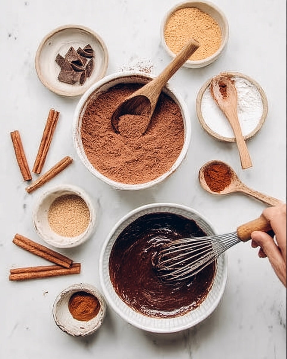 A white bowl filled with brown cocoa powder next to a white bowl containing a chocolate batter with a wooden spoon inside. Around them, small bowls hold cinnamon sticks, a reddish spice, and some light brown powder. A white plate with a wooden spoon rests on the white marbled surface. There is a woman's hand holding a whisk above the cocoa powder bowl. The setup shows ingredients for baking, arranged neatly on a white marbled background. Photo taken with an iphone --ar 4:5 --v 7