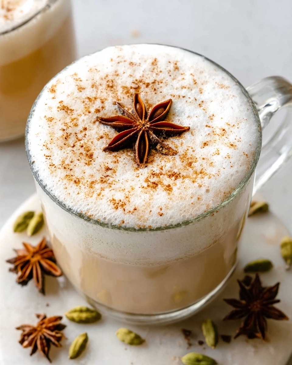 A clear glass mug filled with a creamy light beige drink topped with a thick, fluffy white foam layer. The foam is dusted with fine brown powder and decorated in the center with a single star anise. The mug is placed on a white marble surface with scattered whole cardamom pods and cloves around it. The scene is bright and crisp, highlighting the smooth texture of the foam and the natural brown tones of the spice. Photo taken with an iphone --ar 4:5 --v 7