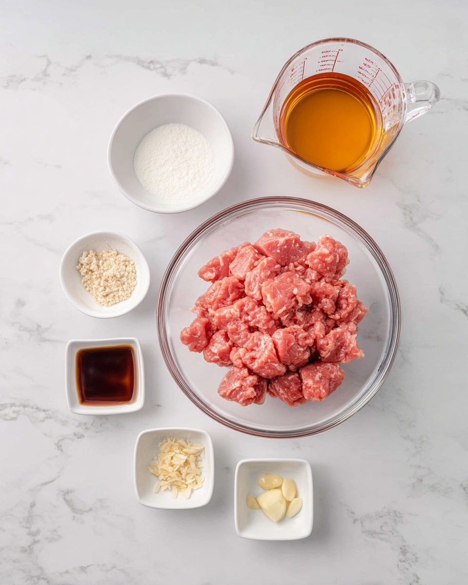 The image shows six containers of ingredients arranged on a white marbled surface. In the center, there is a large clear glass bowl filled with small, pink chunks of raw meat. Above it, a clear glass measuring cup holds a golden-brown liquid. To the left of the bowl, a small white bowl contains a white powdery substance. Below the bowl, there are three small white square and round bowls; one with dark brown liquid, one with light beige flakes, and the smallest with a small amount of minced light yellow garlic. Photo taken with an iphone --ar 4:5 --v 7