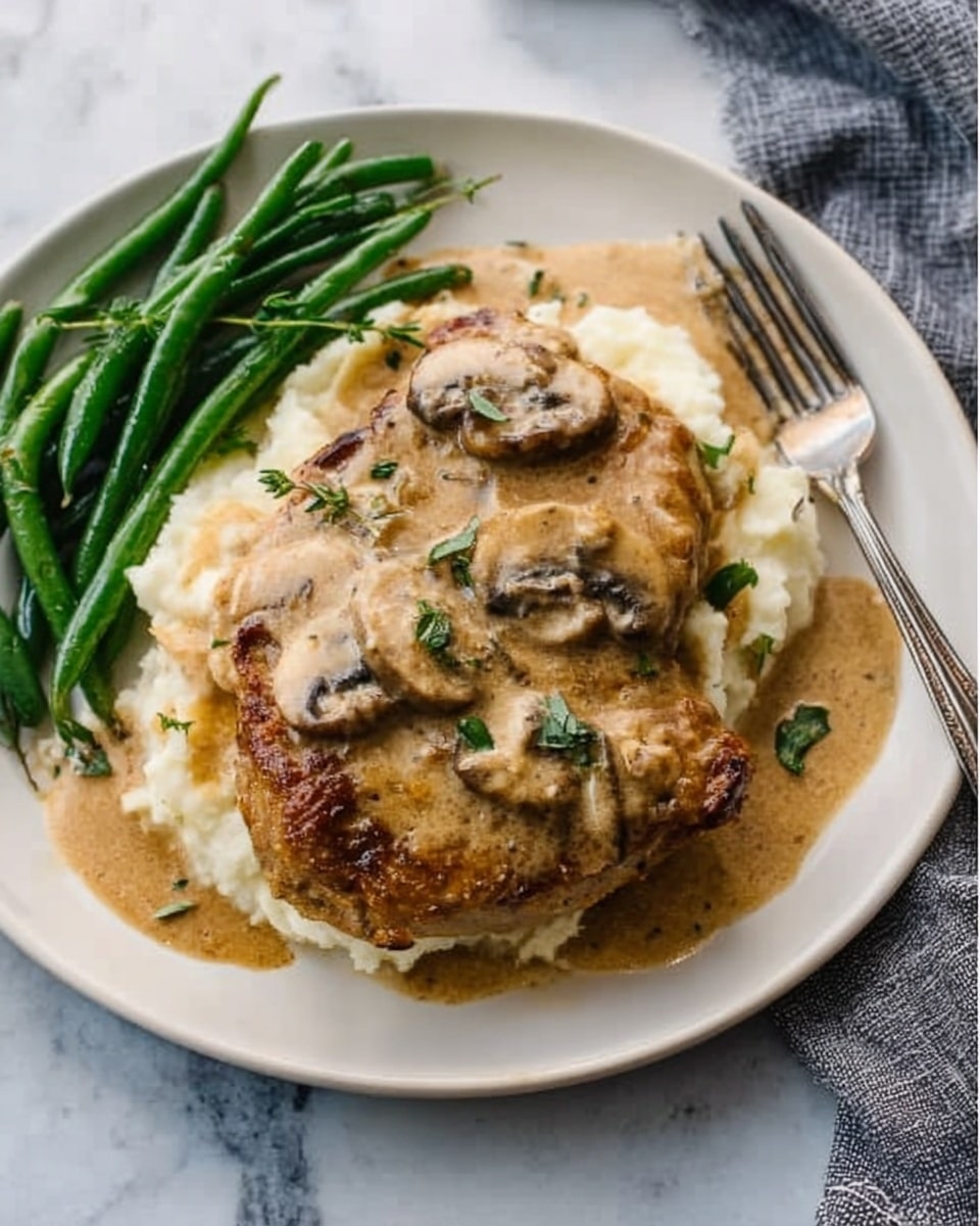 The image shows a white plate placed on a white marbled surface, with one thick chicken thigh covered in a light brown creamy mushroom sauce on the right side of the plate. The sauce is smooth and has visible slices of mushrooms and some small green herbs sprinkled on top. On the left side of the plate, there is a small pile of cooked green beans that look fresh and slightly shiny. The chicken and sauce sit over a bed of mashed potatoes, which are white and creamy with a soft texture. A fork rests near the edge of the plate, pointing inward. Photo taken with an iphone --ar 4:5 --v 7