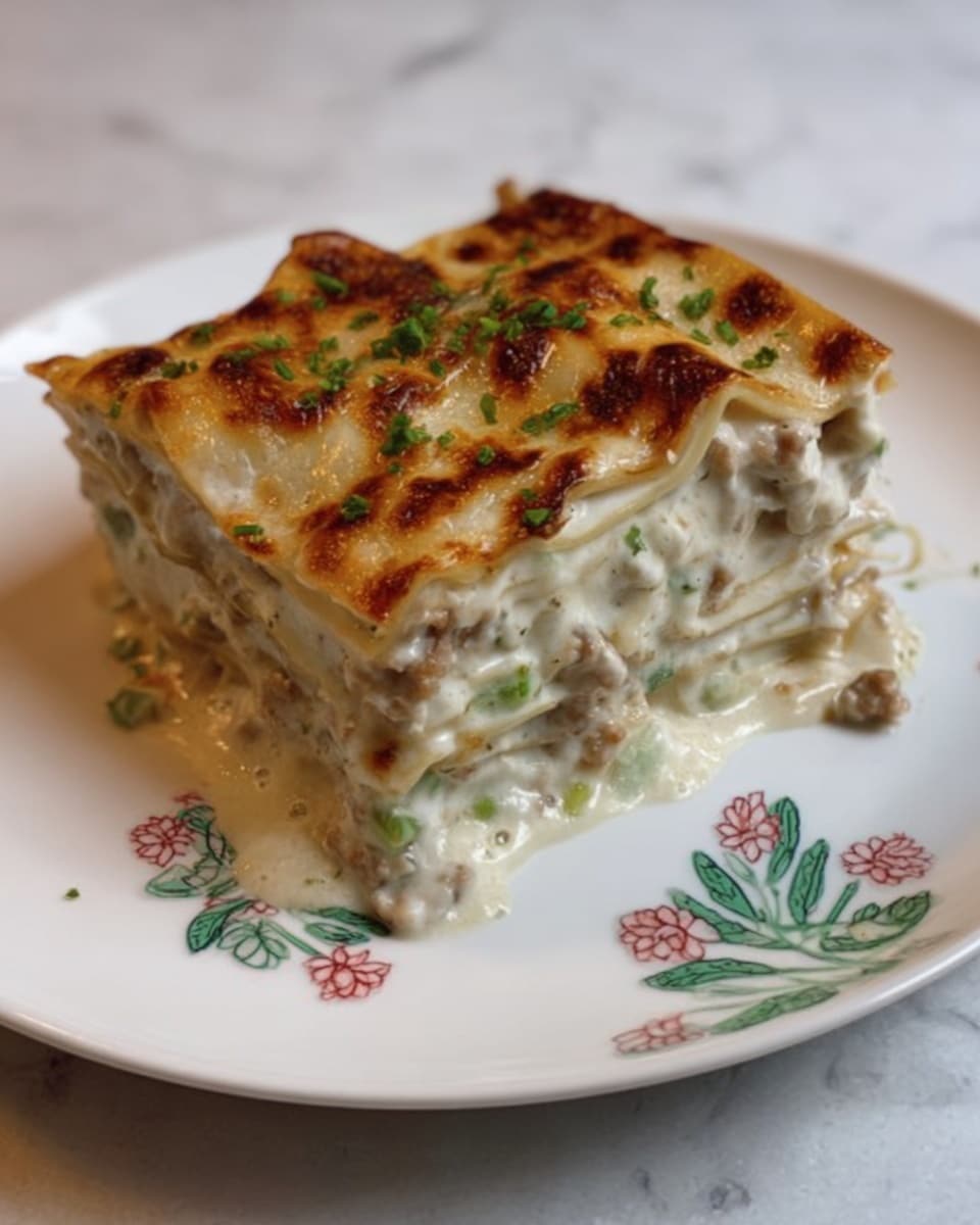 The image shows a single piece of lasagna on a white plate with a floral design. The lasagna has three layers of pasta sheets that are light beige in color. Between the layers, there is a creamy white sauce mixed with green herbs and small bits of meat that appear light brown. The top layer is covered with melted cheese that is golden brown with some darker spots, showing slight bubbling. The edges of the lasagna are slightly messy with sauce and filling oozing out. The plate is placed on a white marbled surface, adding clean contrast to the dish. Photo taken with an iphone --ar 4:5 --v 7