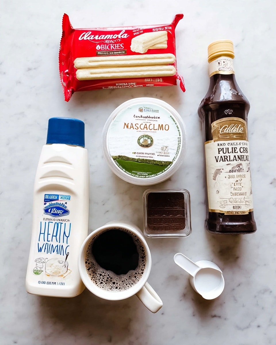 The image shows seven cooking ingredients arranged on a white marbled surface: at the top center is a package of ladyfinger biscuits with a red label; below it, slightly right, is a white round container of mascarpone cheese with green and red text; to the right of that is a small rectangular container of dark brown cocoa powder with white text. Below these, on the left, is a white mug filled with black coffee that has some bubbles on top. Next to the mug is a white bottle labeled heavy whipping cream with blue text and a blue cap. To its right is a brown bottle with a beige and white label reading pure vanilla extract. To the right of the vanilla bottle is a white plastic measuring cup. The ingredients are spaced out evenly, all resting neatly on the clean white marbled surface. photo taken with an iphone --ar 4:5 --v 7