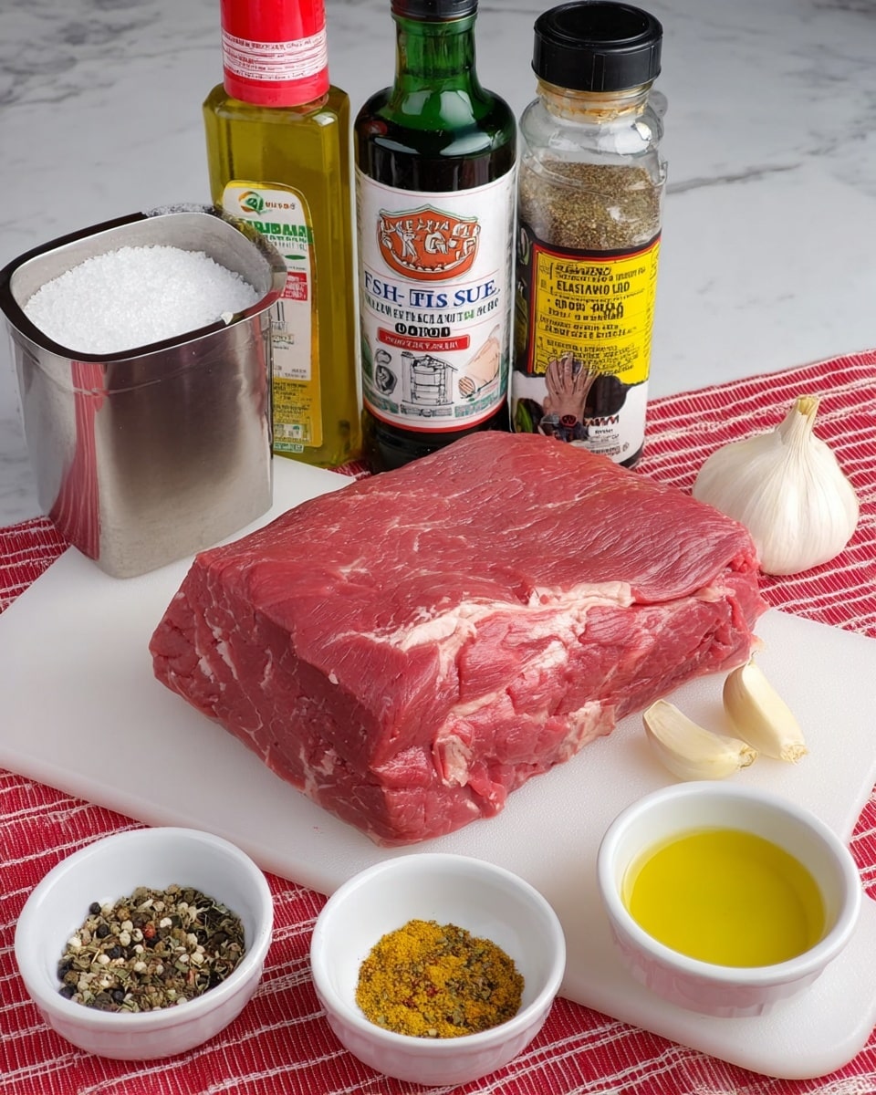The image shows a rack of raw lamb ribs with a pink color and smooth texture, placed on a metal grid over a tray. Around the tray, there are white bowls with fresh green herbs, like parsley and rosemary, and peeled garlic cloves. One bowl contains a mix of red and brown spices, while another holds a coarse reddish seasoning. The background is a white marbled surface, and a woman's hand is partially visible near the herbs. photo taken with an iphone --ar 4:5 --v 7