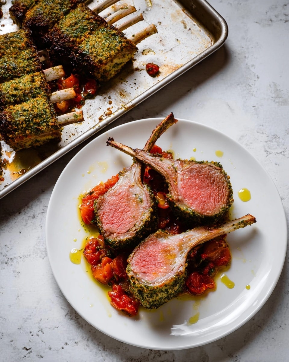 The image shows three lamb chops with a green herb crust sitting on top of a bright red vegetable mix, likely roasted peppers and tomatoes, arranged on a white plate. The lamb is cooked to a medium level, with a pink center and a browned edge under the green herb layer. There are drops of olive oil around the chops on the plate. To the left of the plate is a white tray holding the remaining rack of herb-crusted lamb with bones exposed and resting on a white marbled surface background. Photo taken with an iphone --ar 4:5 --v 7