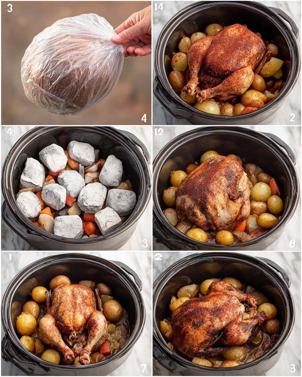 A series of six images shows the cooking process of a whole roasted chicken with vegetables in a black round pot over coals. The first image shows a whole raw chicken wrapped tightly in clear plastic with a reddish-brown seasoning under the wrap, held by a woman's hands. The second image reveals the chicken out of the wrap in the pot, coated all over with dark reddish spices. The third image displays a base layer of mixed vegetables including small yellow potatoes, purple and orange carrots, and onion wedges, forming a colorful, uneven bed in the pot. The fourth image shows the seasoned chicken placed on top of the vegetable layer in the pot. The fifth image captures the pot's lid covered with white hot coals, emphasizing the cooking process. The sixth image reveals the cooked chicken resting on the now tender and cooked vegetables, with the chicken skin browned with some darker charred spots, creating a rich texture contrast. The whole scene maintains a cozy, rustic feeling with a white marbled surface barely visible around the pot photo taken with an iphone --ar 4:5 --v 7
