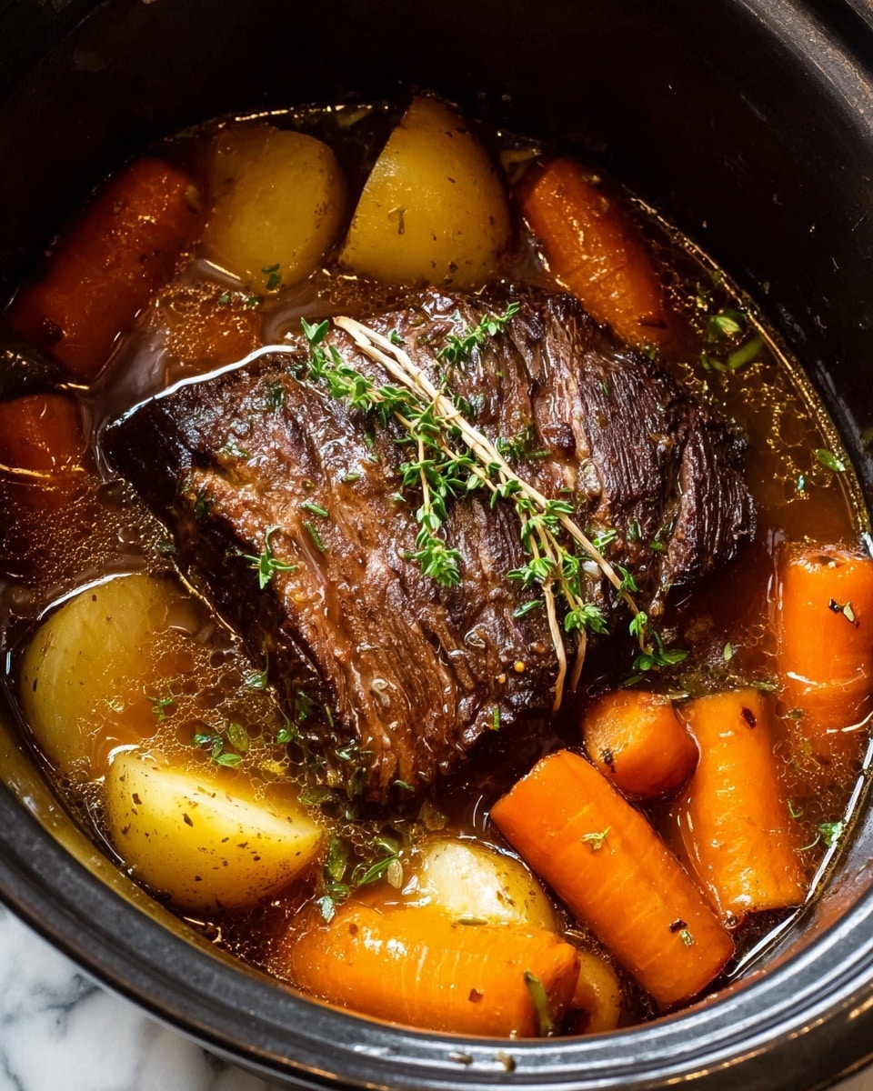 A dark brown piece of cooked meat with a shiny, slightly oily texture sits in the center of a pot filled with a light brown broth. Around the meat, there are several large chunks of bright orange carrots and pale yellow potatoes, all partly submerged in the broth. Some fresh green herbs are sprinkled on the meat and floating in the broth, adding a touch of color. The pot has a smooth black rim, and the photo is closely focused on the stew, showing the rich, hearty textures clearly. The dish is shown on a white marbled surface photo taken with an iphone --ar 4:5 --v 7