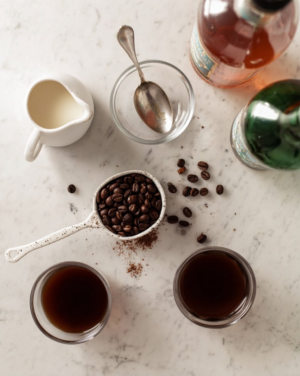 The image shows a white marbled surface with various items arranged on it, all related to coffee preparation. There is a small white bowl with a little milk or cream on the top left, slightly spilling. Near the center, a clear glass bowl contains a silver spoon. To the bottom left, a small white scoop filled with dark brown coffee beans is placed with some beans and grounds scattered around it. On the bottom right, two clear glass cups filled with dark brown brewed coffee are side by side. At the top right, two bottles, one amber and one green, are partially visible. Photo taken with an iphone --ar 4:5 --v 7