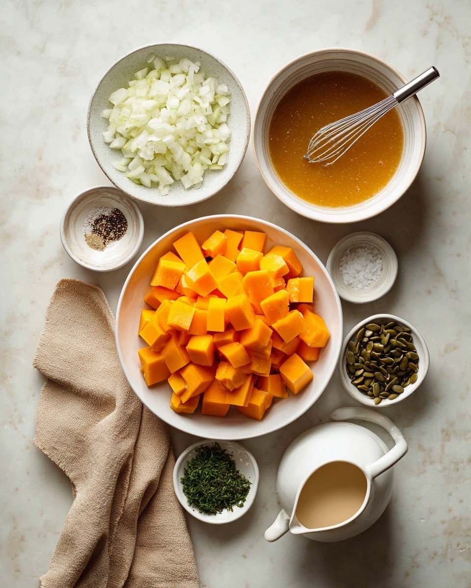 The image shows a top view of several white bowls and small dishes arranged on a white marbled surface. In the center is a white bowl filled with bright orange, cubed pumpkin pieces. To the right, a larger white bowl holds a light brown liquid with a small whisk inside it. Below, a white pitcher contains a white liquid, likely milk or cream. Surrounding these are small dishes holding diced white onions, a mix of black pepper and salt, fresh herbs, ground spices, garlic cloves, and pumpkin seeds. A light beige cloth is placed under some of the bowls for texture. photo taken with an iphone --ar 4:5 --v 7