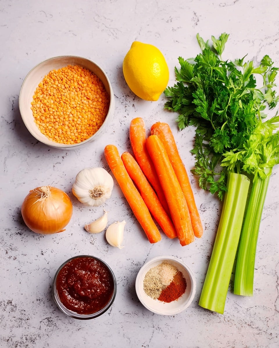 The image shows a white bowl filled with orange lentils on the left side, a whole lemon next to it, and four fresh bright orange carrots arranged diagonally in the middle. Above the carrots, there are three long green celery stalks placed side by side. To the right, there is a bunch of fresh green cilantro with visible stems. At the bottom right, two garlic cloves lie next to a medium-sized light brown onion. Near the center bottom, there is a small white dish with a dark red paste, and beside it, another small white dish holding three types of ground spices in different brown and reddish shades. The background is a white marbled texture photo taken with an iphone --ar 4:5 --v 7