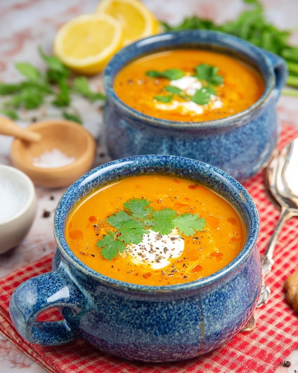 Two blue bowls filled with thick orange soup are shown on a white marbled surface. Each bowl has a creamy white swirl in the center with black pepper sprinkled on top, and a green cilantro leaf placed beside the cream. The soup has small visible pieces of orange carrot and green herbs scattered throughout. The bowls sit on a red and white checkered cloth, with a wooden spoon and a small bowl of coarse salt and a wooden salt scoop nearby. In the background, there are lemon wedges and more cilantro leaves. Photo taken with an iphone --ar 4:5 --v 7