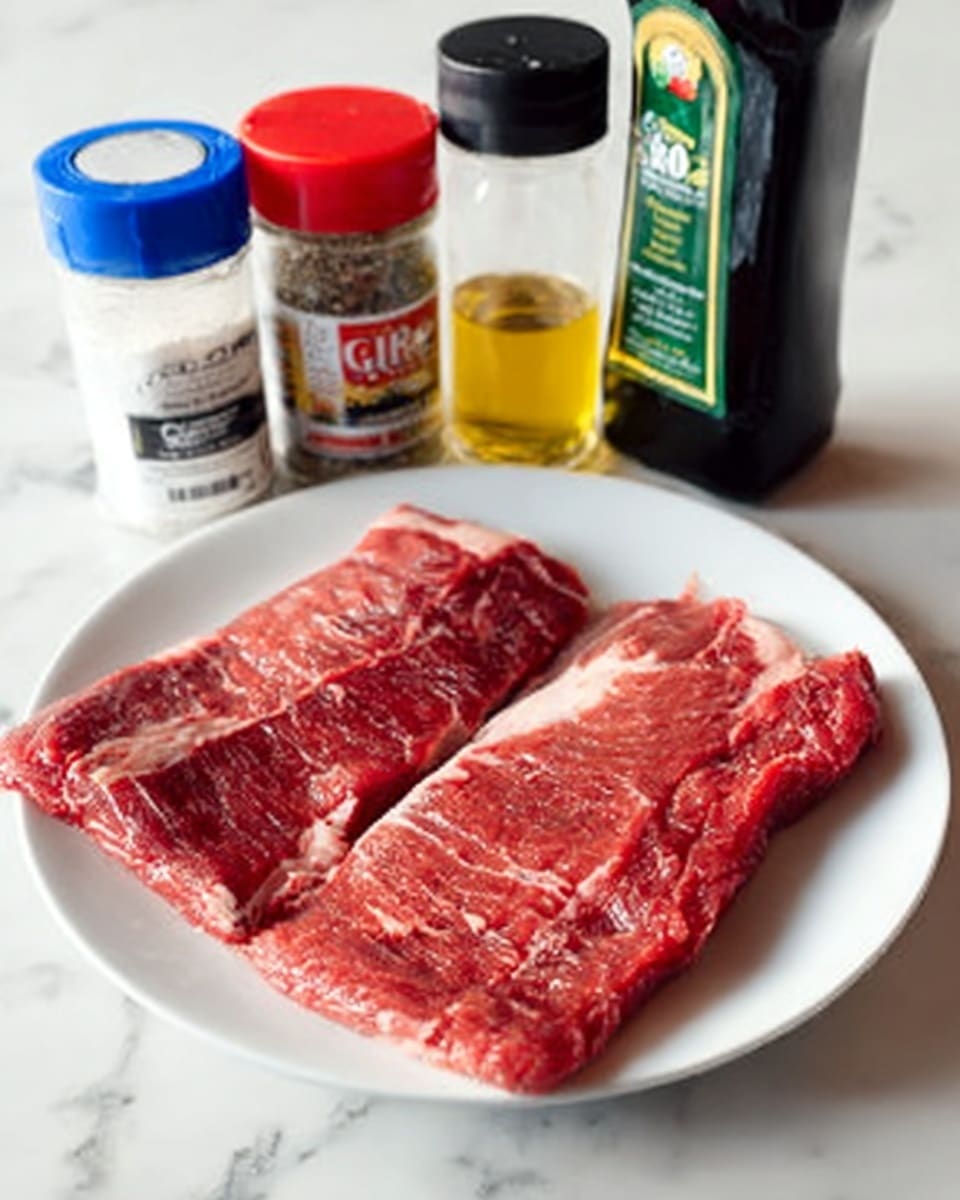 Two pieces of raw meat with red and white marbling lie flat on a white plate. Above the plate, there are four bottles: the first bottle is white with a blue lid and a label of seasoning, the second has a red lid with another seasoning inside, the third is a black-lid garlic powder bottle, and the fourth is a tall, dark green bottle of olive oil. The plate is on a dark kitchen counter, but the surface is changed to a white marbled texture. photo taken with an iphone --ar 4:5 --v 7