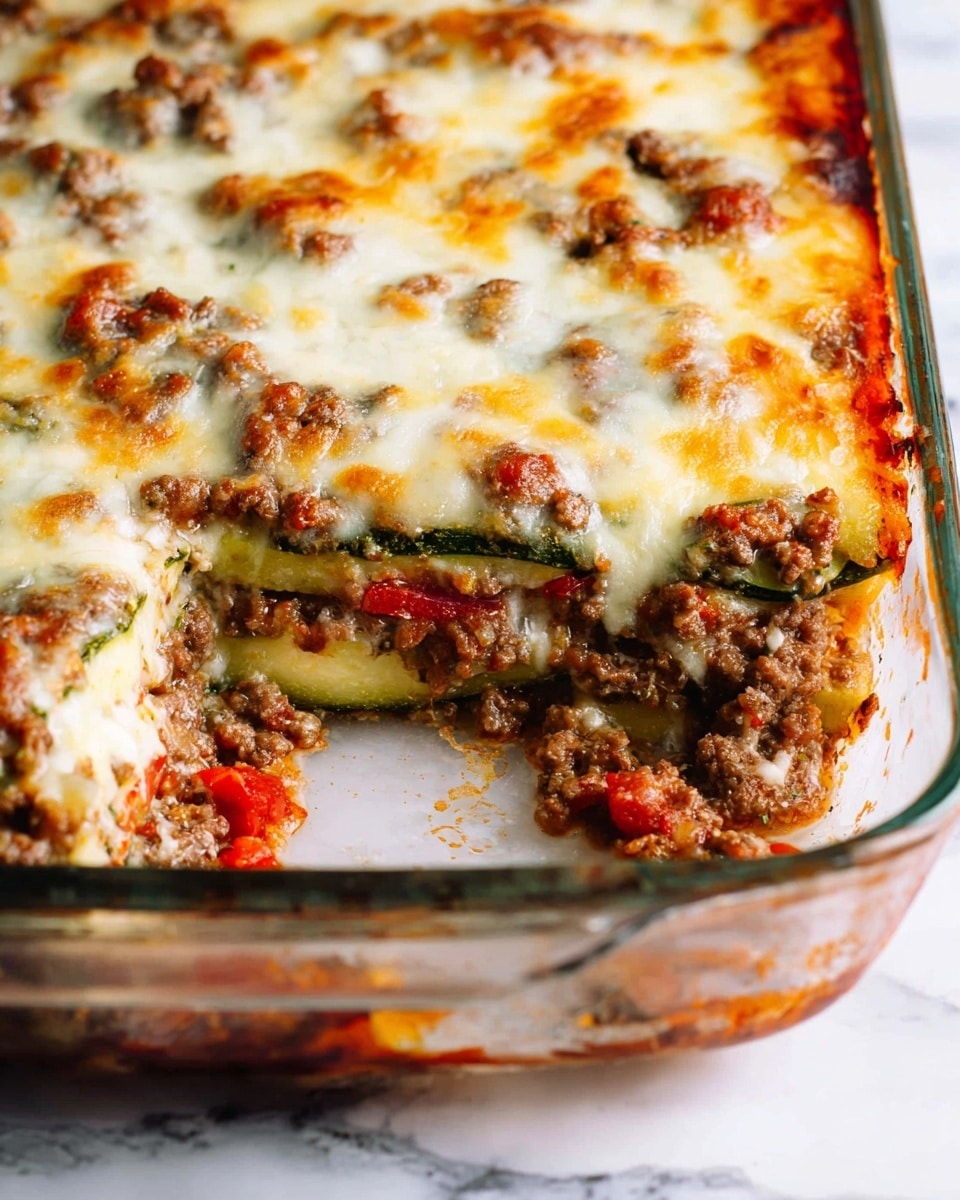 The image shows a close-up of a layered casserole in a clear glass dish sitting on a white marbled surface. The bottom layer looks like cooked ground meat mixed with small pieces of tomato and herbs, giving it a reddish-brown and green speckled look. Above that is a layer of sliced green vegetables, likely zucchini, with a fresh green color. Next comes a thick, melted cheese layer that is bubbly with browned spots, covering the entire top of the casserole. The cheese layer is creamy yellow with golden brown areas where it has baked. A section near the edge is scooped out, showing the layers clearly inside the glass dish. Photo taken with an iphone --ar 4:5 --v 7