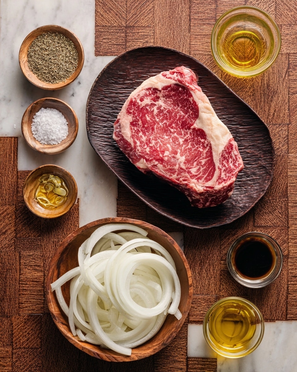 A large raw red steak with white fat marbling lies on a dark textured wooden board at the top center of the image. Below it, there is a round wooden bowl filled with thick white onion strips. Around this bowl and steak, small beige bowls hold dried green herbs, coarse white salt, minced yellow garlic, and crushed black pepper. Two small clear glasses contain a light golden liquid, while a taller clear glass is filled with a dark brown liquid. The whole setup is on a rich, patterned wooden surface. photo taken with an iphone --ar 4:5 --v 7
