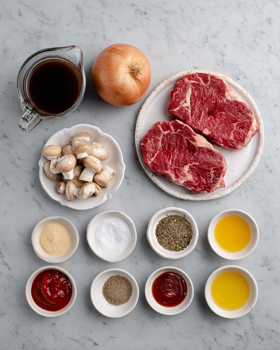 The image shows a flat lay of raw ingredients on a white marbled surface. On the top right, two thick red steaks with white fat edges lie on a white plate. To the left of the steaks is a whole onion with light brown skin. At the top left, there is a clear glass jug filled with dark brown liquid. Below the jug, a small white bowl with brown mushrooms is placed. Next to the mushrooms is a small white plate holding three piles of spices: salt, black pepper, and dried herbs. To the right of the spices are two small white bowls, one filled with light brown powder and the other with white powder. At the bottom, four small white bowls contain different sauces or liquids, including minced garlic, red ketchup-like sauce, dark soy sauce, and light yellow oil, arranged left to right. Photo taken with an iphone --ar 4:5 --v 7
