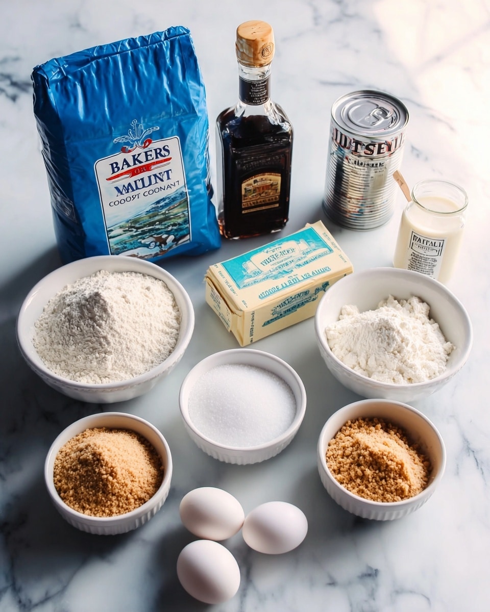 The image shows baking ingredients neatly arranged on a white marbled surface. In the back, there is a large blue bag of Baker's sweetened coconut and a bottle of pure vanilla extract with dark liquid inside. On the right side, there is a can of sweetened condensed milk with a silver lid. In the middle, there is a rectangular pack of unsalted butter wrapped in paper. There are three white bowls in the front and one on the left side, filled with different ingredients: brown sugar, flour, white sugar, and another portion of brown sugar. Three white eggs are placed in front of the bowls, and a small glass jar filled with sea salt is placed on the left side next to the large bowl of flour. The lighting highlights the soft textures and natural colors of the ingredients. photo taken with an iphone --ar 4:5 --v 7
