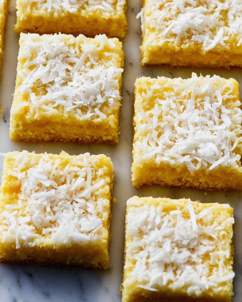 The image shows six square yellow bars arranged closely together in two rows on a white marbled surface. Each bar has a soft, crumbly base layer with a smooth texture and is topped with a generous layer of shredded white coconut flakes that add a light, fluffy texture. The bars are evenly sized and neatly aligned, showing a clean edge between each piece. The colors are warm yellow and bright white, contrasting sharply with the white marbled background. Photo taken with an iphone --ar 4:5 --v 7