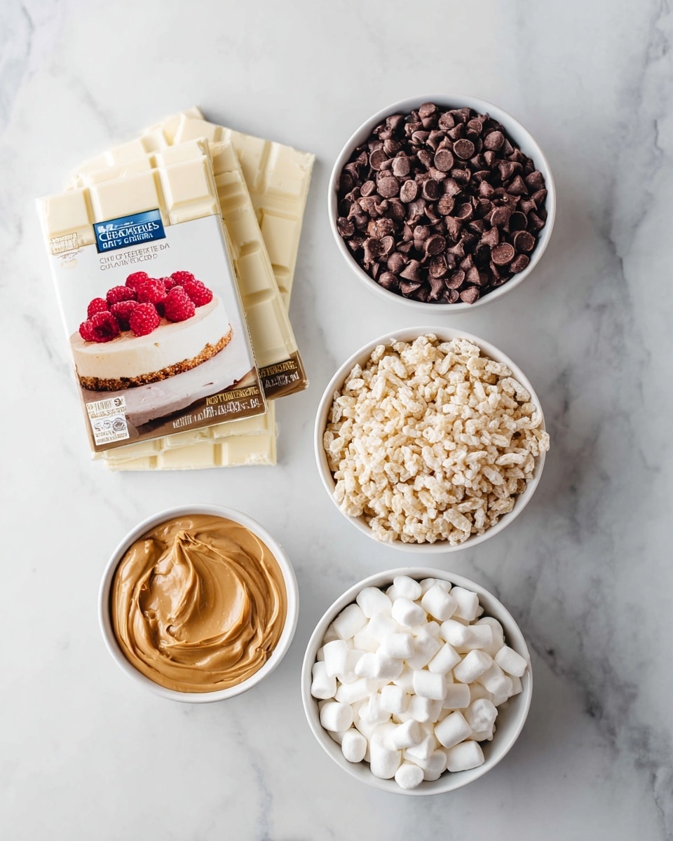 The image shows five white chocolate bars stacked slightly fanned out on the left side, with cream-colored packaging featuring a picture of a cheesecake topped with red raspberries. To the right, there are four white bowls arranged in a loose cluster on a white marbled surface. The top bowl contains small dark brown chocolate chips with a smooth texture. Below it, a larger bowl is filled with light beige crispy rice cereal that looks crunchy. To the lower left of that, a small bowl holds smooth peanut butter with a shiny, swirled texture. Finally, at the bottom center, a bowl is full of small, white mini marshmallows with a soft and fluffy appearance. photo taken with an iphone --ar 4:5 --v 7