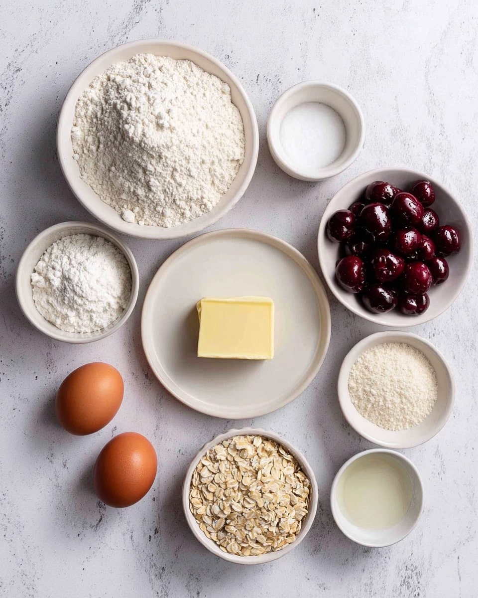 A white round plate on a white marbled surface holds a stick of yellow butter near the center. Surrounding it, there are multiple small white round bowls containing various ingredients: a large bowl of white flour with a dusted texture at the top left, a bowl filled with dark red cherries at the bottom right, a bowl of light beige oats in the middle, and smaller bowls with white and off-white powders, and a clear liquid. Two brown eggs rest side by side near the bottom center. The whole setup is neat and arranged in a circle, showing all ingredients clearly. Photo taken with an iphone --ar 4:5 --v 7