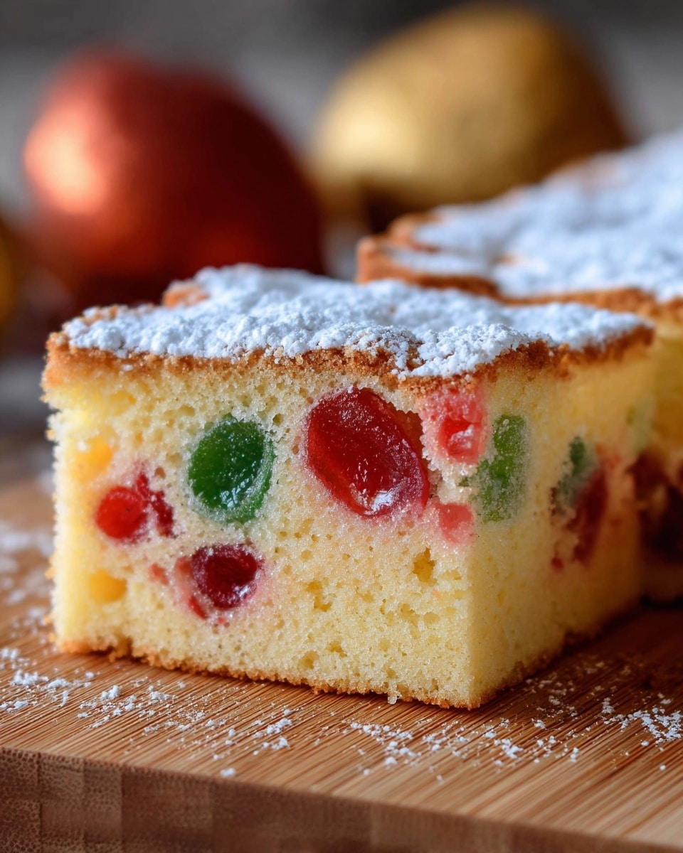 The image shows several thick square pieces of cake stacked together, each having a light yellow, soft, and moist texture. Inside the cake, large colorful jelly-like fruit pieces are embedded, including bright red, green, and dark green, dotting the inside evenly. The top of the cake pieces is dusted heavily with white powdered sugar, giving a soft, powdery look. The bottom edges of the cake are lightly browned, showing a slight crispness. The pieces are placed on a white plate on a white marbled surface, and the scene looks cozy with blurred dark green in the background. photo taken with an iphone --ar 4:5 --v 7