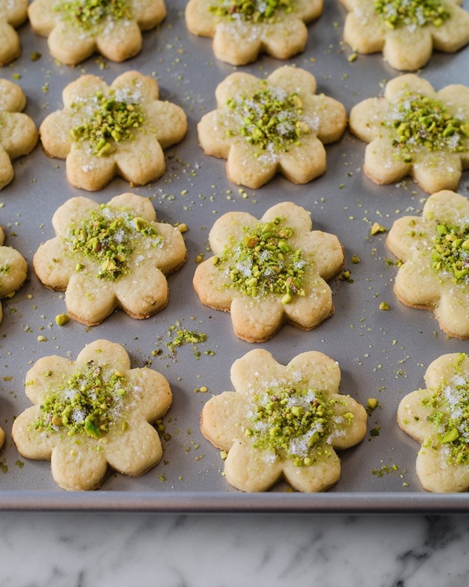 The image shows many flower-shaped cookies arranged neatly on a baking tray. Each cookie is light golden brown in color with a soft texture. On top of each cookie, there is a small pile of crushed green pistachios and coarse white sugar crystals, giving a mix of green and white color patches in the center. The cookies are evenly spaced and placed on a grey baking tray, resting on a white marbled surface. The photo is taken with an iphone --ar 4:5 --v 7