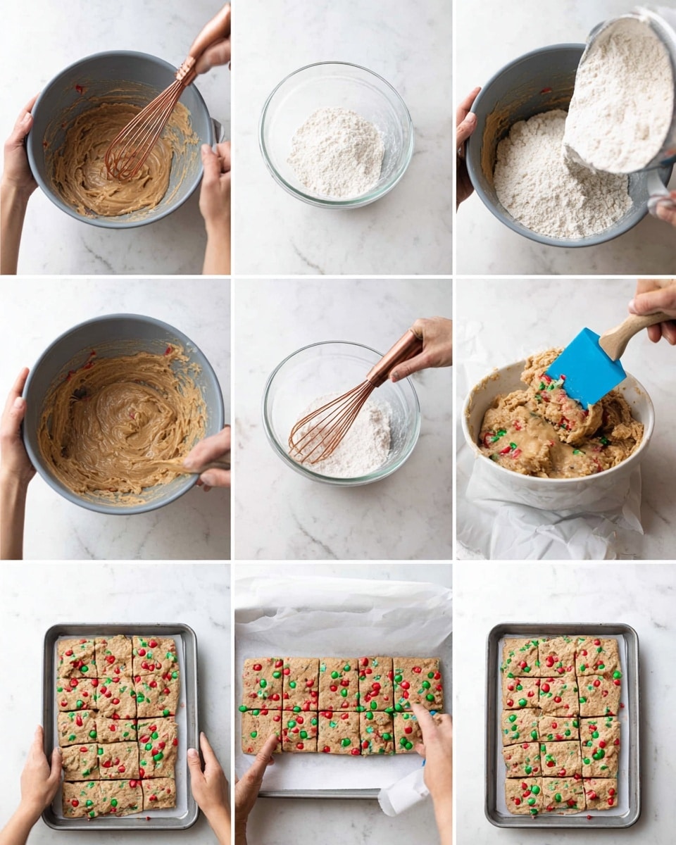 The image shows a step-by-step view of making cookie dough with colorful red and green candies. First, a grey mixing bowl contains light brown cookie dough with a copper whisk inside, next to a small clear bowl with white flour. Then, two woman's hands pour the white flour into the bowl with the dough. After that, a woman's hand holds the grey bowl while a blue spatula mixes the dough, showing a thick, gooey texture. Next, another image shows the thickness deepened, with the woman's hand mixing more. The following frame includes the dough mixed with red and green candies, the dough looking thick and studded with candies. Afterward, a woman's hands spread the dough evenly into a white tray lined with white parchment paper on a white marbled surface. The last two images show the dough flattened and decorated with candies, and then being cut evenly into squares using a black cutter by a woman's hand. The whole scene has a clean, bright appearance with a white marbled background photo taken with an iphone --ar 4:5 --v 7