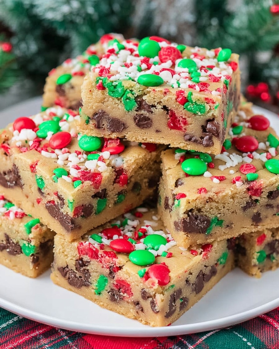A stack of six thick square cookie bars sitting on a white plate, each bar showing a light brown, soft dough base filled with many dark brown chocolate chips throughout. The top layer is decorated with colorful red, green, and white round and long sprinkle shapes, plus green and red candy-coated chocolate pieces scattered around. The cookie bar edges are slightly rough and crumbly, and the background has green pine needles and a plaid cloth in red and green colors beneath the plate. The lighting is bright, showing all details clearly, photo taken with an iphone --ar 4:5 --v 7
