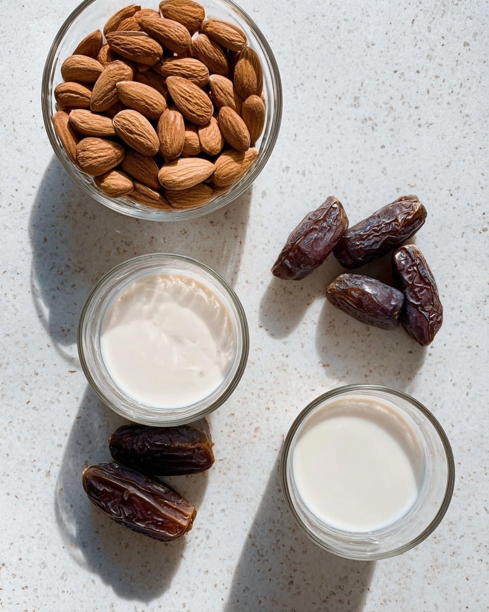 The image shows a white marbled surface with four clear glass bowls or cups arranged in a circle. One bowl is filled with whole brown almonds, another with white liquid cream, the third also has white liquid cream, and the fourth contains four dark brown dates aligned neatly. The lighting is natural, showing slight shadows around the bowls. The image has a clean, simple look. photo taken with an iphone --ar 4:5 --v 7
