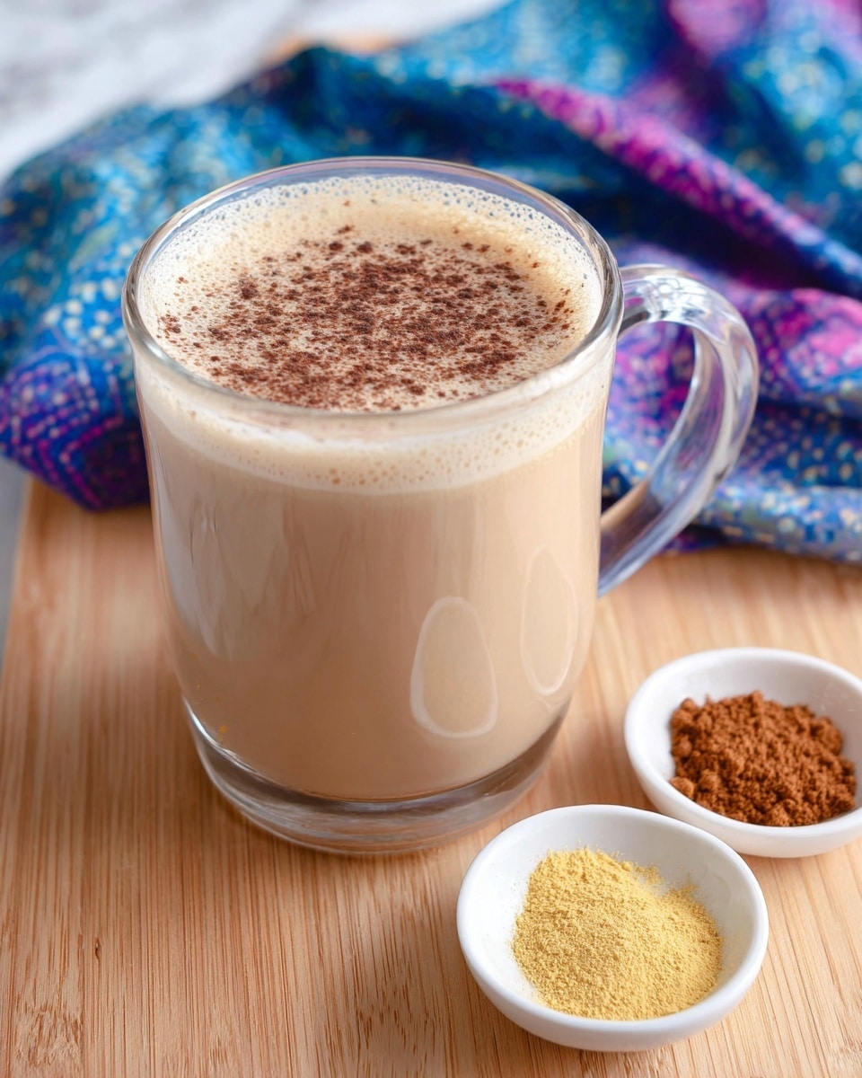 A clear glass mug filled with a warm, light brown creamy drink topped with a sprinkle of dark cinnamon powder, set on a light wooden surface with a white marbled texture added behind; next to the mug are two white small dishes, one with brown cinnamon powder and the other with light yellow ginger powder, with a colorful blue and purple cloth blurred in the background, photo taken with an iphone --ar 4:5 --v 7