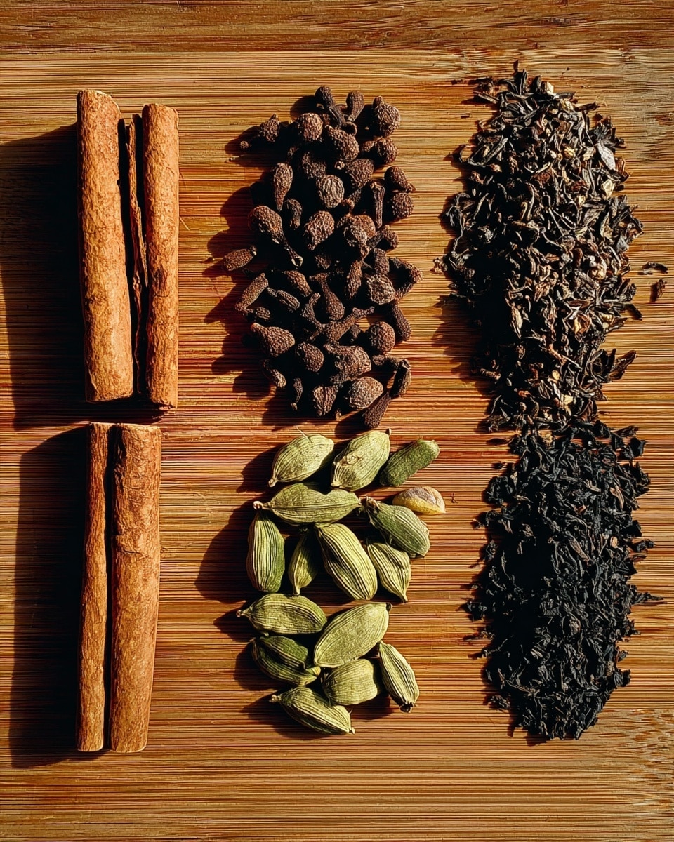 The image shows four different spices neatly placed in four vertical rows on a wooden board. From left to right, the first row has two long, thin cinnamon sticks with a smooth, brown texture. The second row has dark brown whole cloves, small and bumpy in shape. The third row contains green cardamom pods that are oval and smooth. The fourth row consists of black tea leaves, small and crinkly. The wooden board has a warm, light brown color with visible grain patterns. The lighting creates soft shadows giving depth to the spices photo taken with an iphone --ar 4:5 --v 7