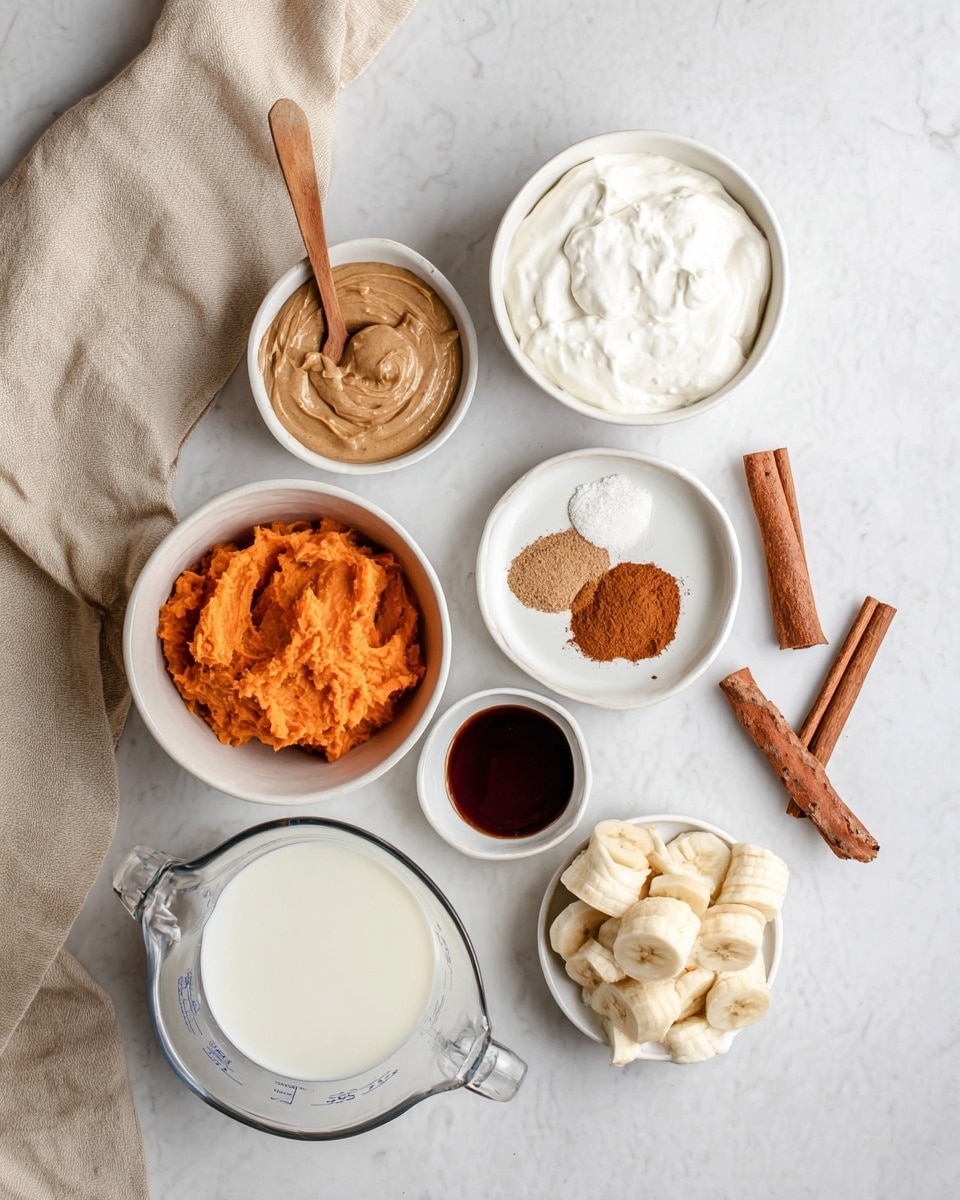 The image shows seven containers with different ingredients on a white marbled surface. At the top left is a small bowl with light brown creamy nut butter and a wooden spoon inside. To its right is a white bowl filled with thick white yogurt. Below the nut butter is a white bowl with mashed bright orange sweet potato. To its right, there is a white plate with cinnamon and nutmeg powders in small piles next to two cinnamon sticks. At the bottom left is a clear glass measuring cup filled with light almond milk. In the center bottom is a small white bowl with dark brown vanilla extract. Finally, next to the measuring cup is a white bowl with chopped banana pieces, showing creamy off-white colors with brownish edges. A beige cloth drapes in from the top left corner. Photo taken with an iphone --ar 4:5 --v 7