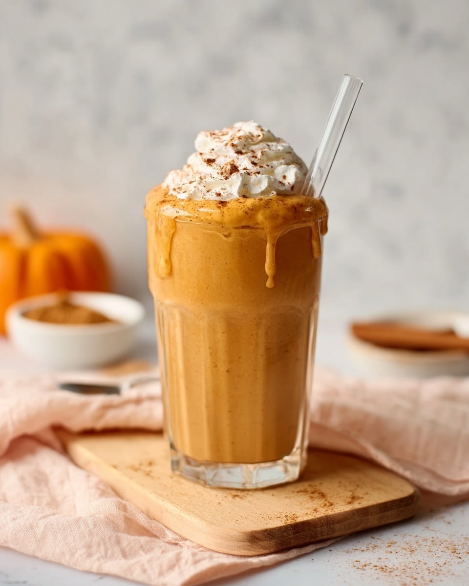 The image shows a clear glass filled with a creamy pumpkin-colored drink. The drink is topped with a dollop of whipped cream sprinkled with brown spices. Some of the drink is dripping slightly over the rim of the glass. The glass is placed on a light wooden board on a white marbled surface. A white bowl with brown powder and a small spoon are blurred in the background. A woman's hand holds a clear straw in the glass. photo taken with an iphone --ar 4:5 --v 7