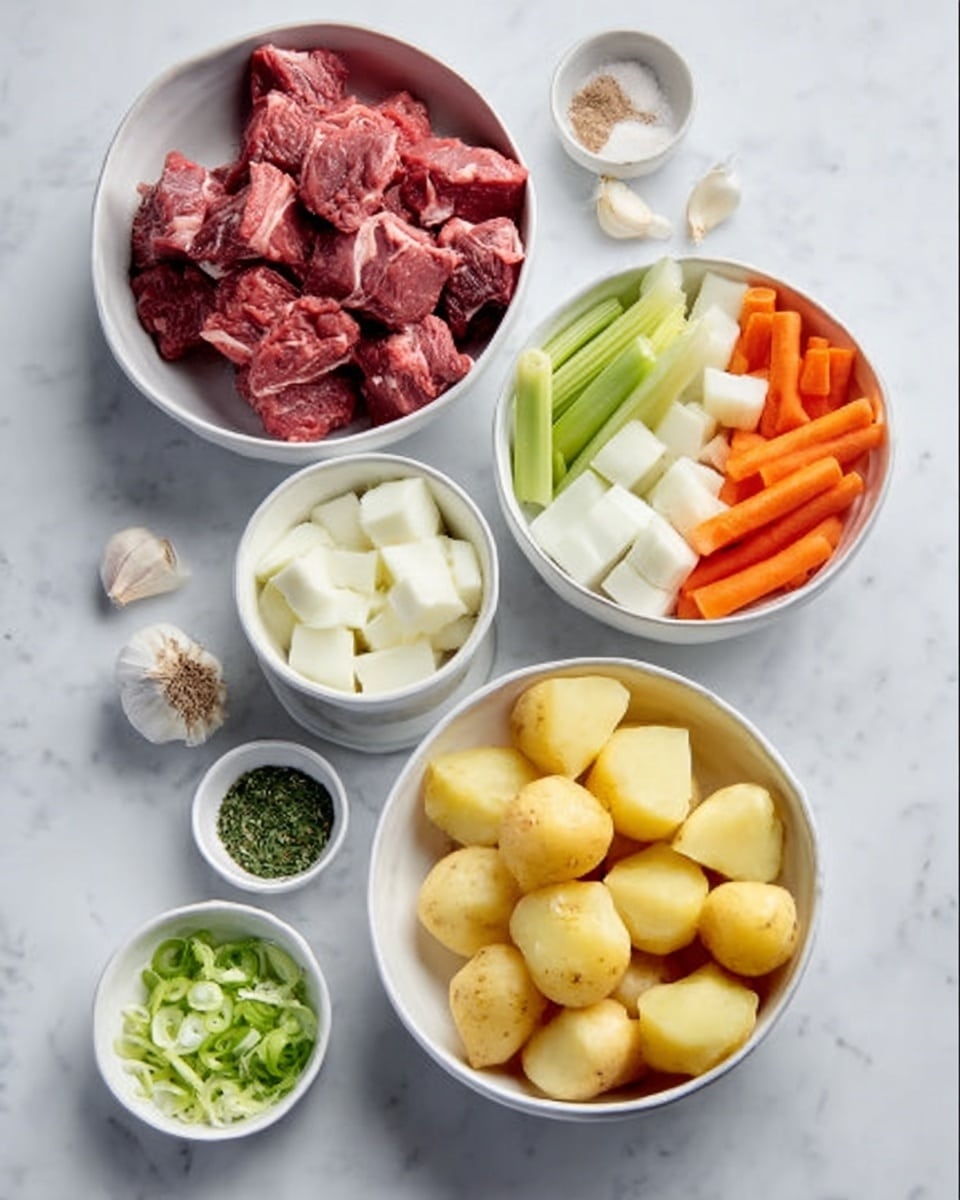 The image shows multiple white bowls placed on a white marbled surface. The largest bowl on the top left contains raw red meat pieces with visible fat. To the right, a medium white bowl holds chopped vegetables including orange carrots, white root vegetables, and green celery. Below, another white bowl is filled with peeled yellow potatoes. To the left of that, a small white bowl contains sliced green onions and herbs. Next to it, very small white bowls contain seasoning powders and two whole peeled garlic cloves. The overall setup showcases fresh raw ingredients neatly arranged. photo taken with an iphone --ar 4:5 --v 7